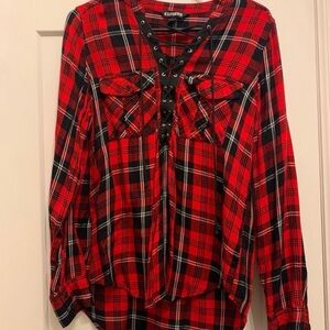 Express Women's Red and Black Plaid Lace-Up Blouse